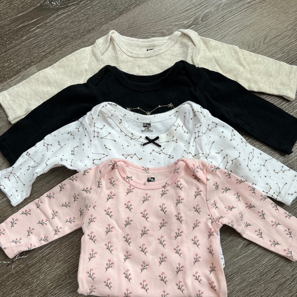 4 long-sleeve bodysuits, 3-6 months